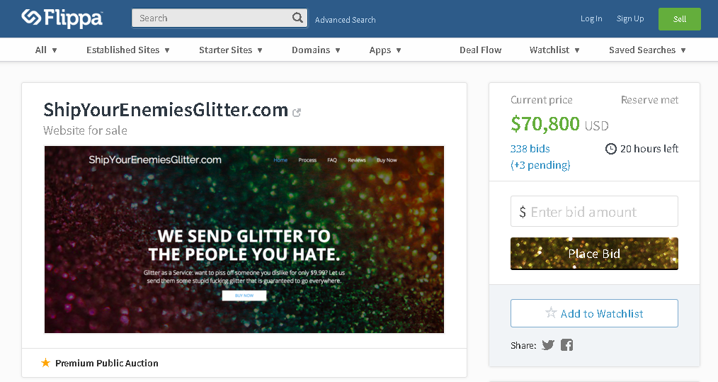 The shipyourenemiesglitter.com Flippa listing has attracted LOTS of attention